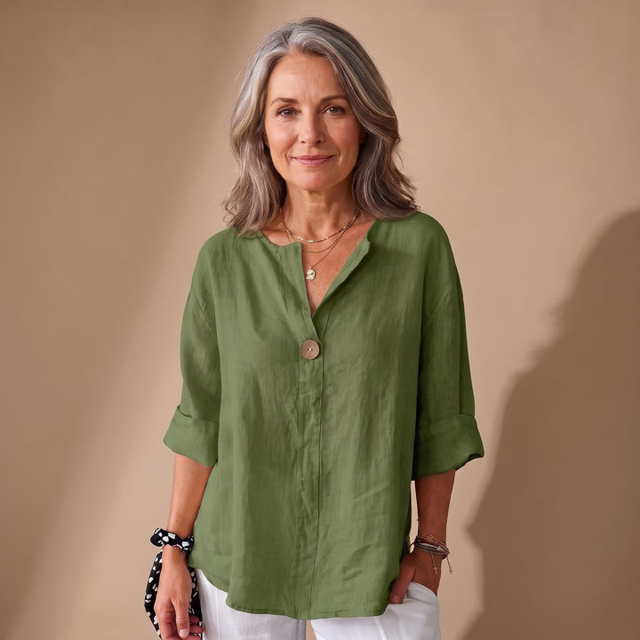 Women's Relaxed-Fit V-Neck Single-Button Linen Blouse - Green