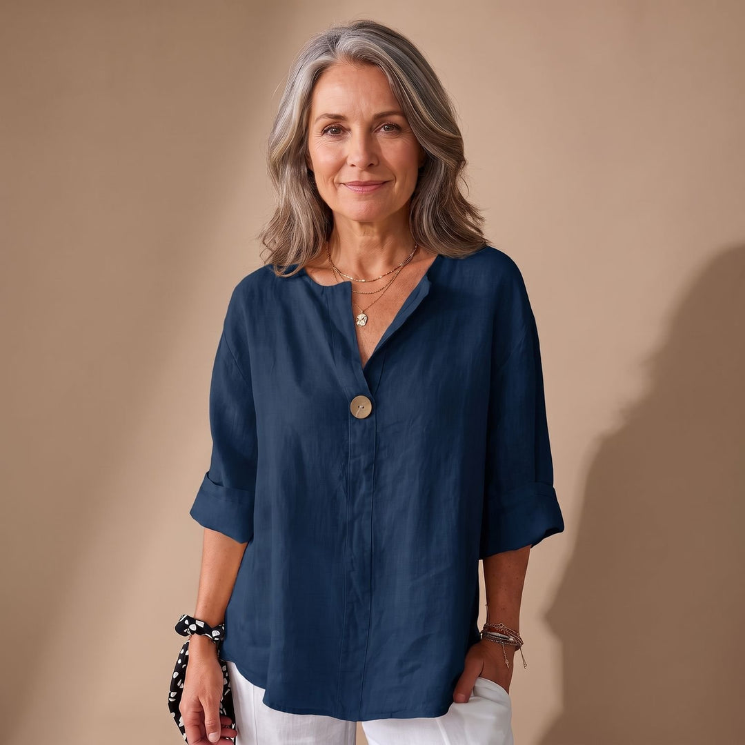 Women's Relaxed-Fit V-Neck Single-Button Linen Blouse - Navy Blue