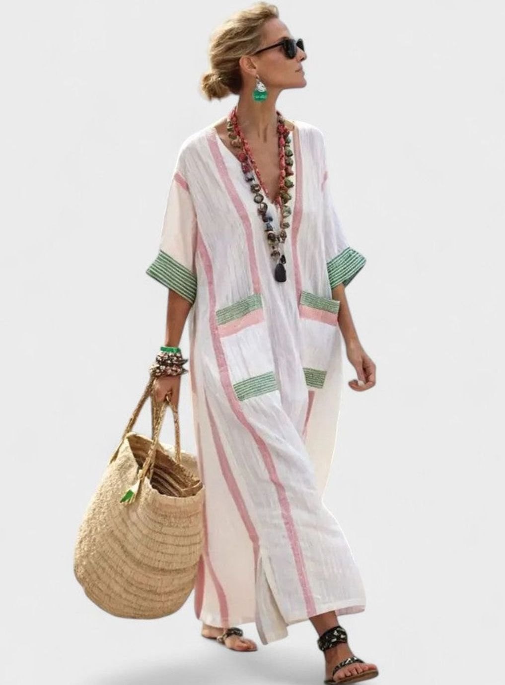 Women's Relaxed-Fit V-Neck Striped Formal Maxi Dress - White Light Pink