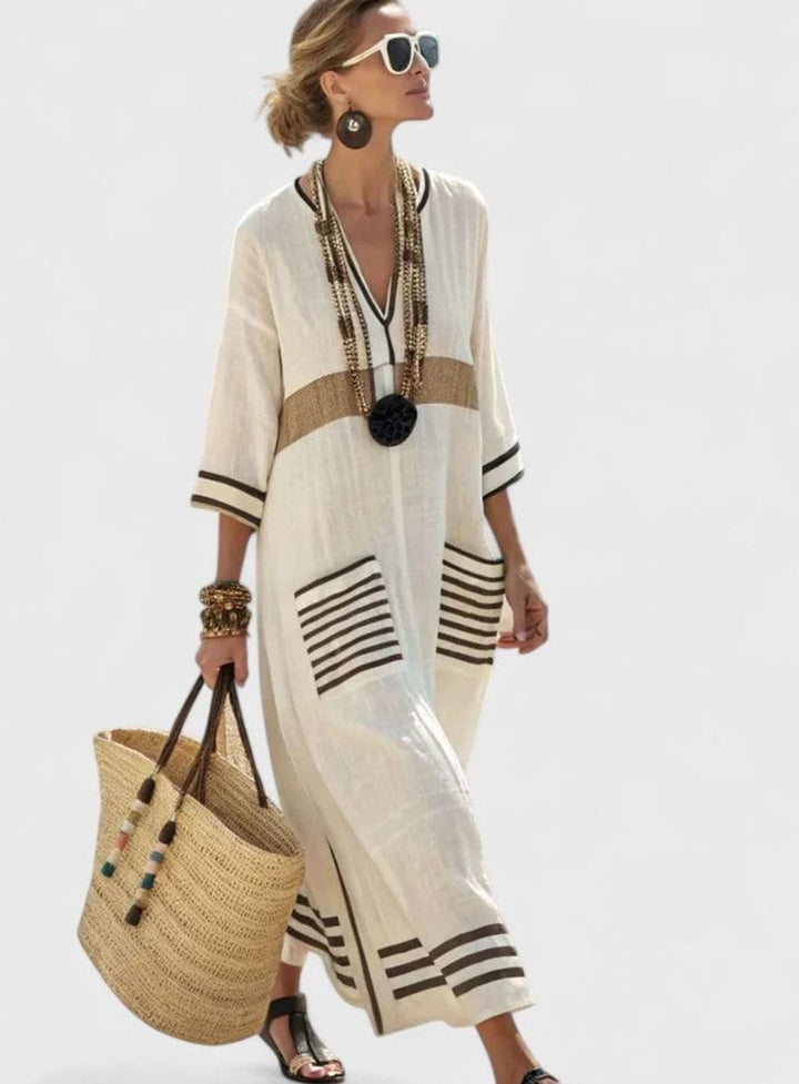 Women's Relaxed-Fit V-Neck Striped Formal Maxi Dress - Beige Black
