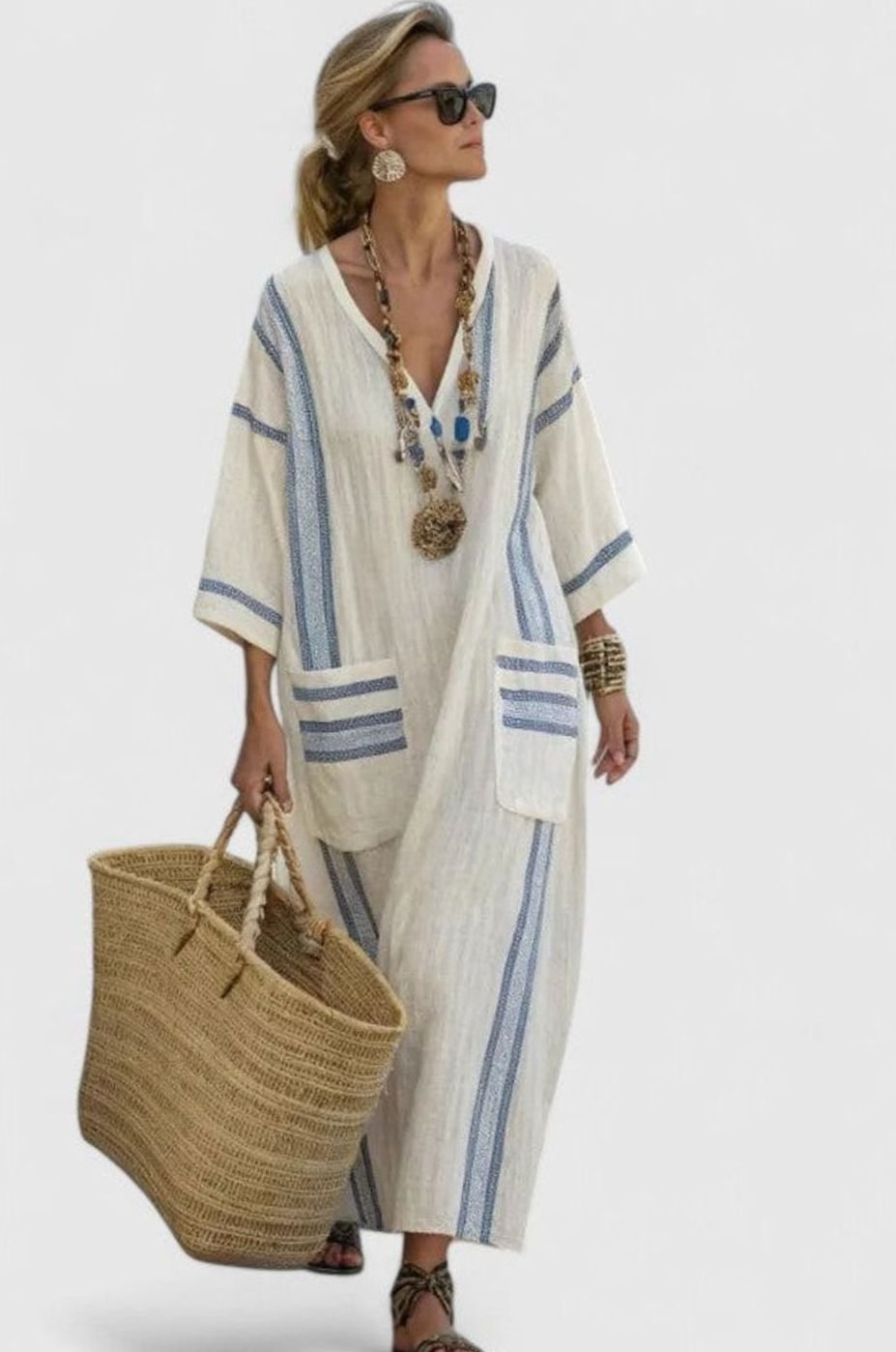 Women's Relaxed-Fit V-Neck Striped Formal Maxi Dress - Beige Light Blue