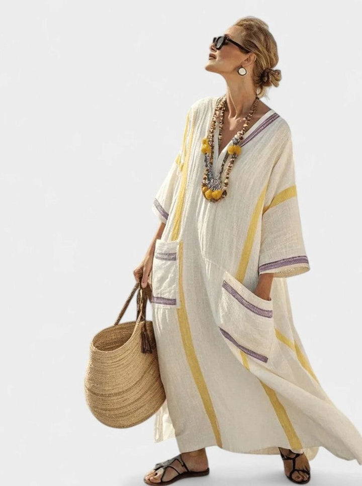 Women's Relaxed-Fit V-Neck Striped Formal Maxi Dress - Beige Yellow