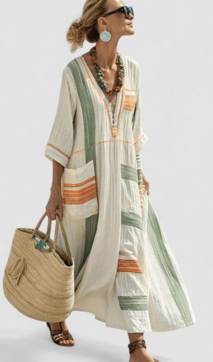 Women's Relaxed-Fit V-Neck Striped Formal Maxi Dress - Beige Green