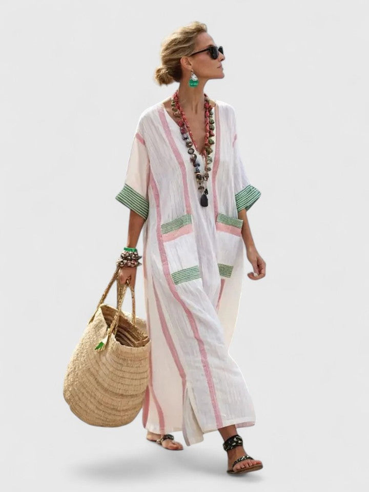 Women's Relaxed-Fit V-Neck Striped Kaftan Maxi Dress - White Light Pink