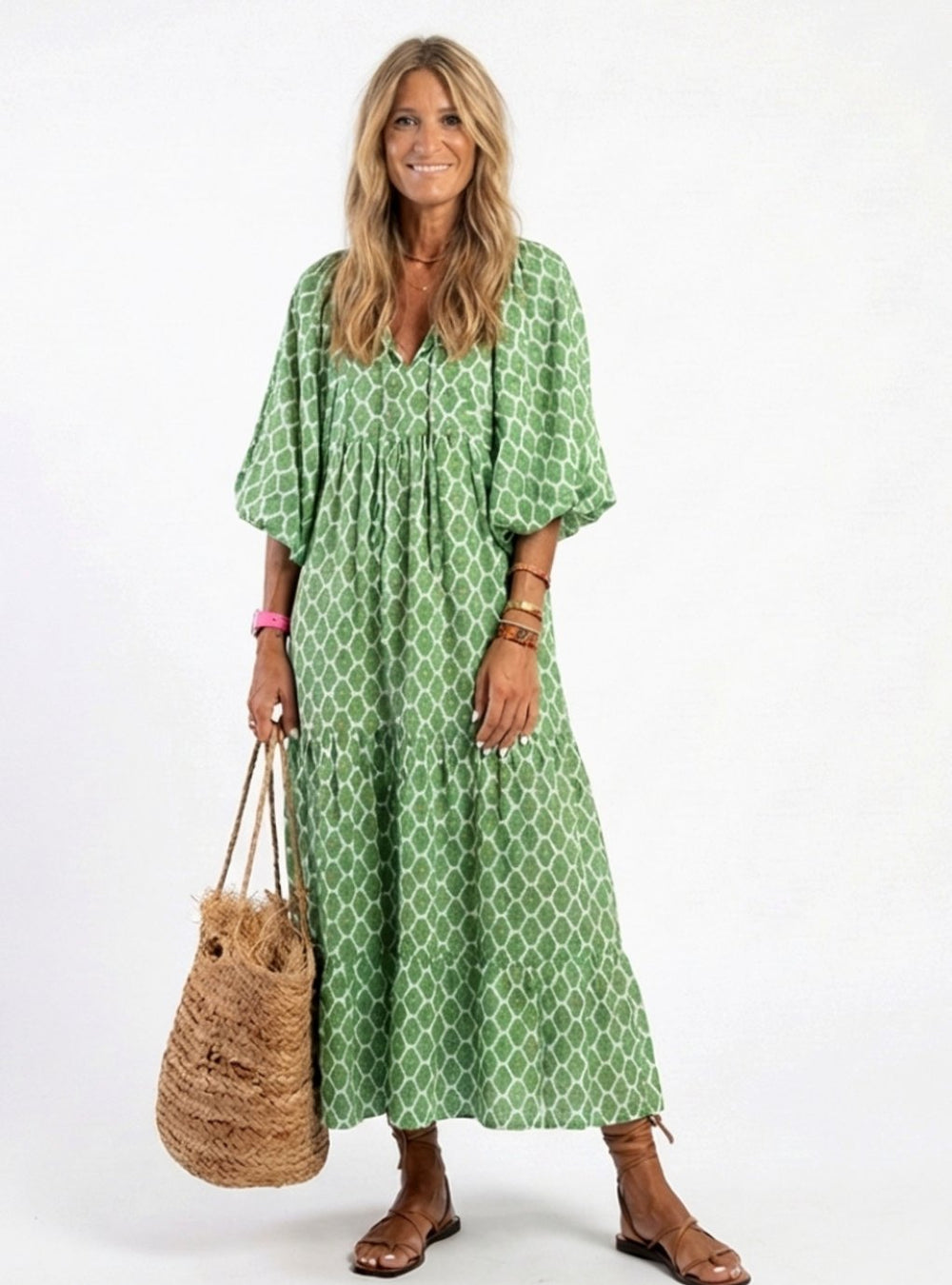 Women's Relaxed-Fit V-Neck Three-Quarter Sleeve Tiered Midi Dress - Green