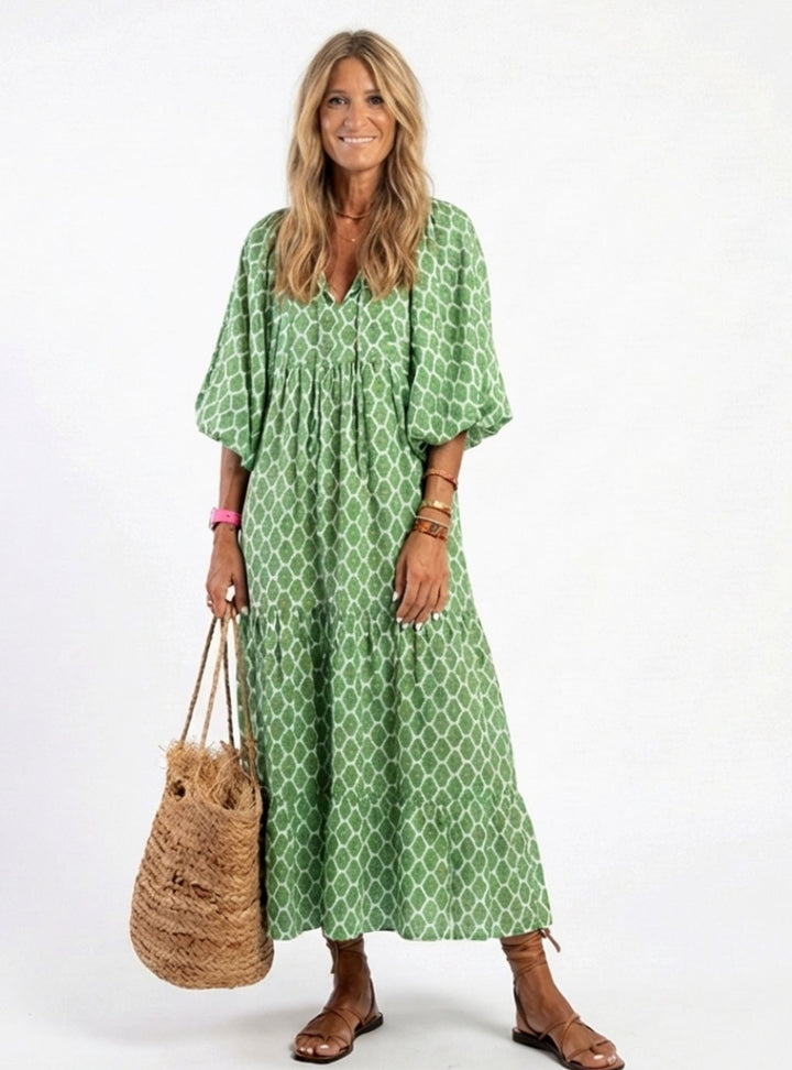 Women's Relaxed-Fit V-Neck Three-Quarter Sleeve Tiered Midi Dress - Green
