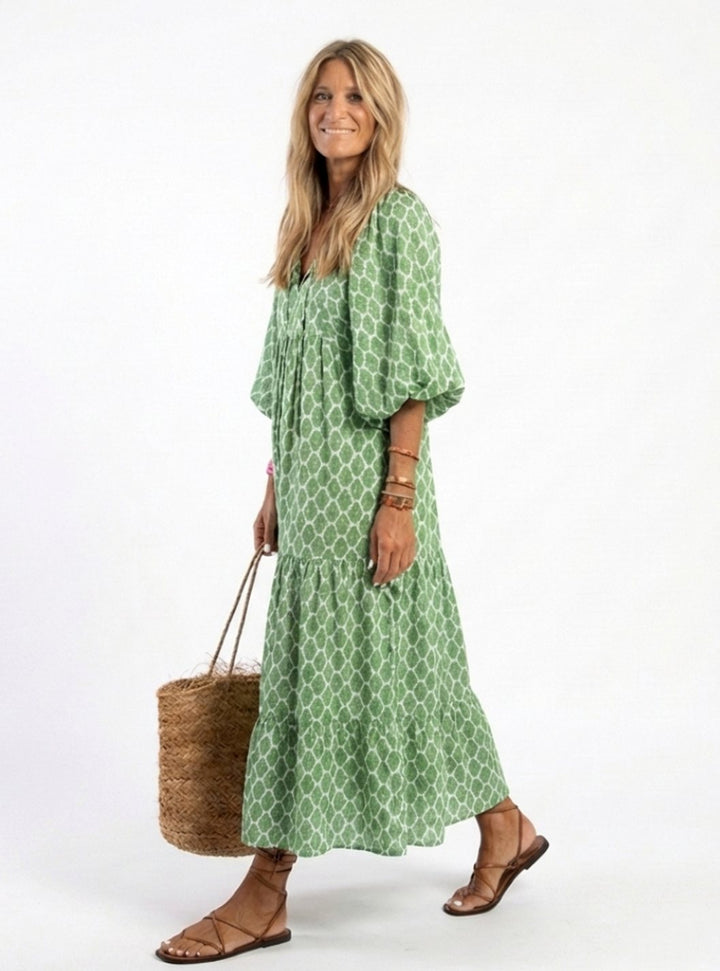 Women's Relaxed-Fit V-Neck Three-Quarter Sleeve Tiered Midi Dress