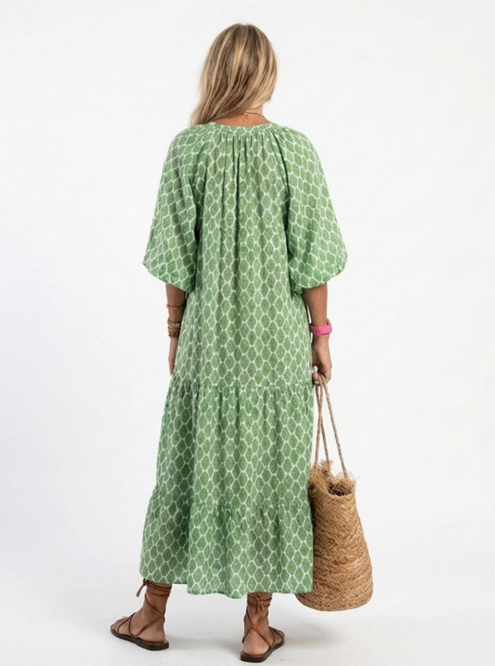 Women's Relaxed-Fit V-Neck Three-Quarter Sleeve Tiered Midi Dress