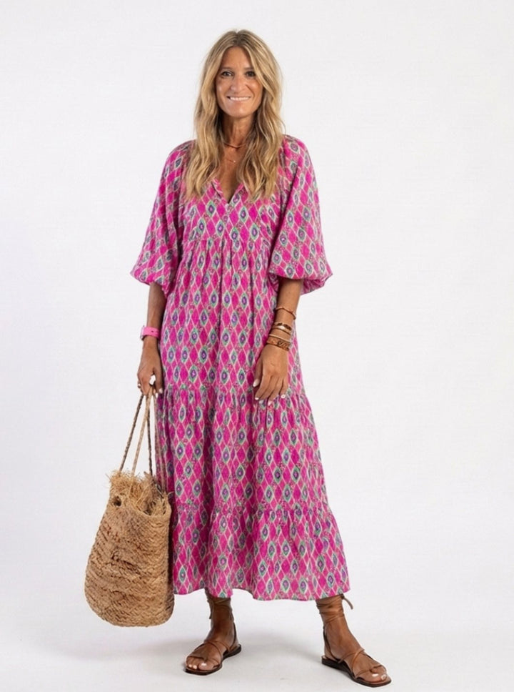 Women's Relaxed-Fit V-Neck Three-Quarter Sleeve Tiered Midi Dress - Purple