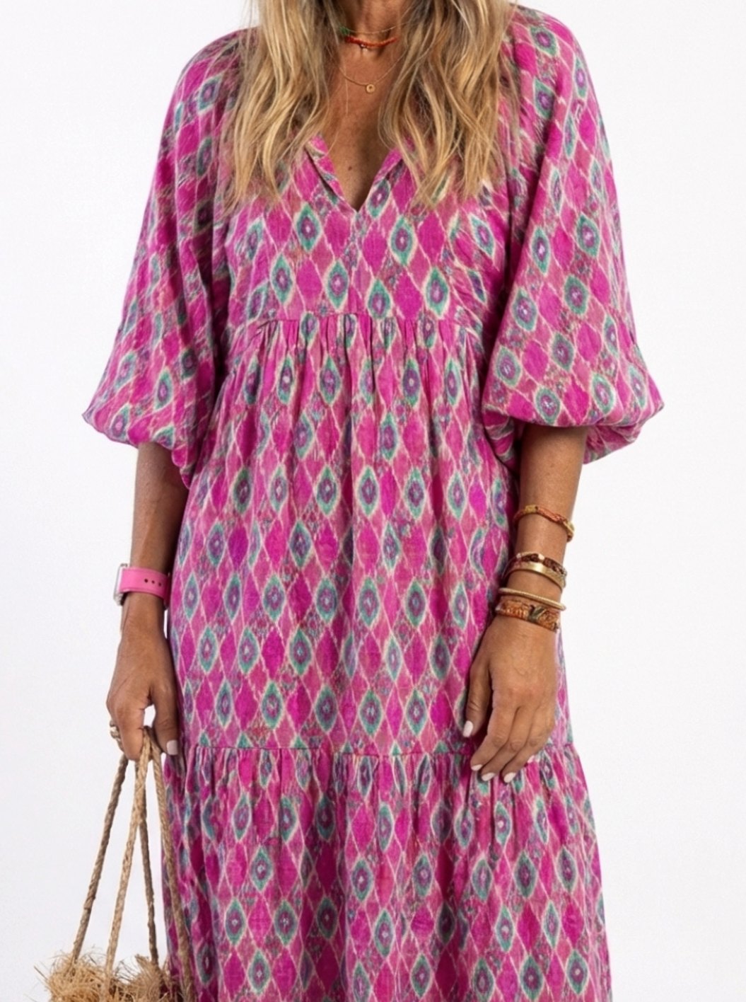 Women's Relaxed-Fit V-Neck Three-Quarter Sleeve Tiered Midi Dress
