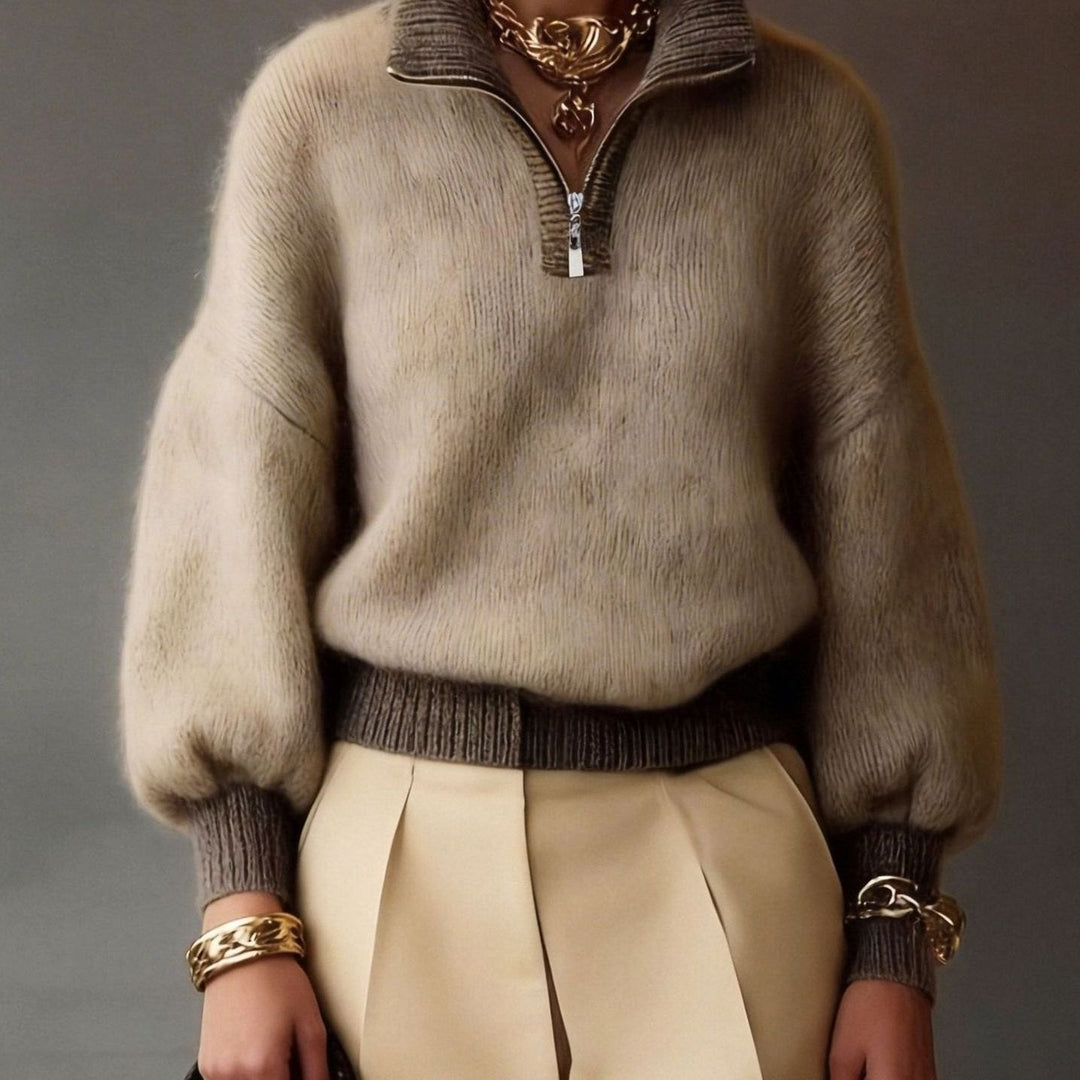 Women's Relaxed Half-Zip Fluffy Knit Pullover Sweater - Khaki