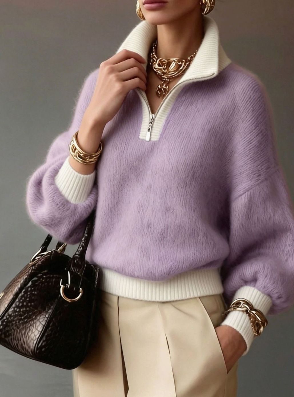 Women's Relaxed Half-Zip Fluffy Knit Pullover Sweater