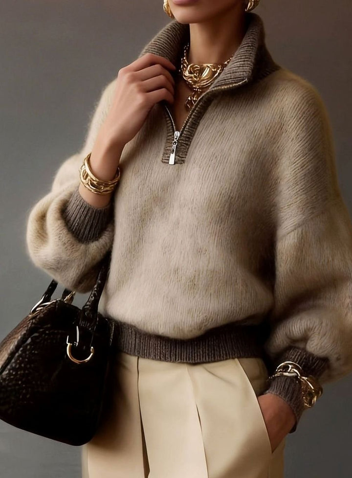 Women's Relaxed Half-Zip Fluffy Knit Pullover Sweater