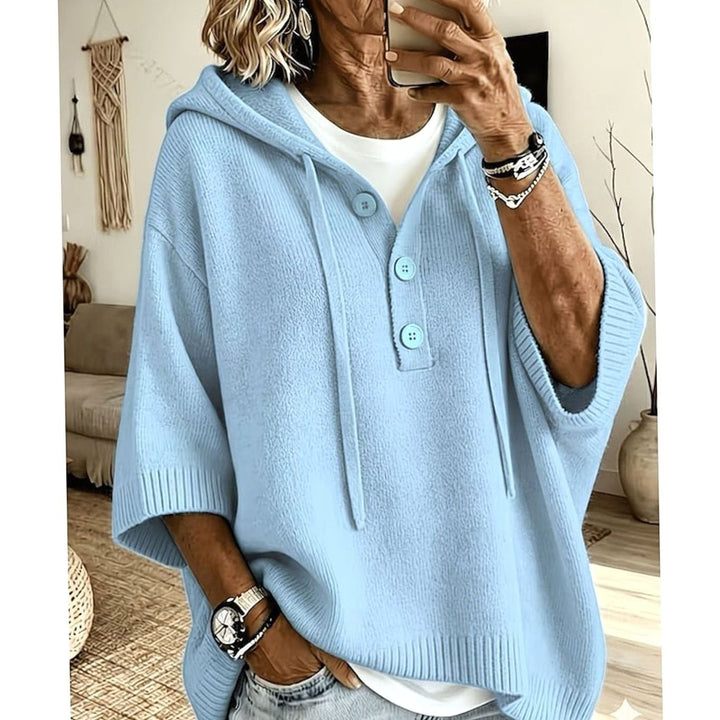 Women's Relaxed Hooded Knit Sweater Half-Button 3/4 Sleeve - Sky Blue