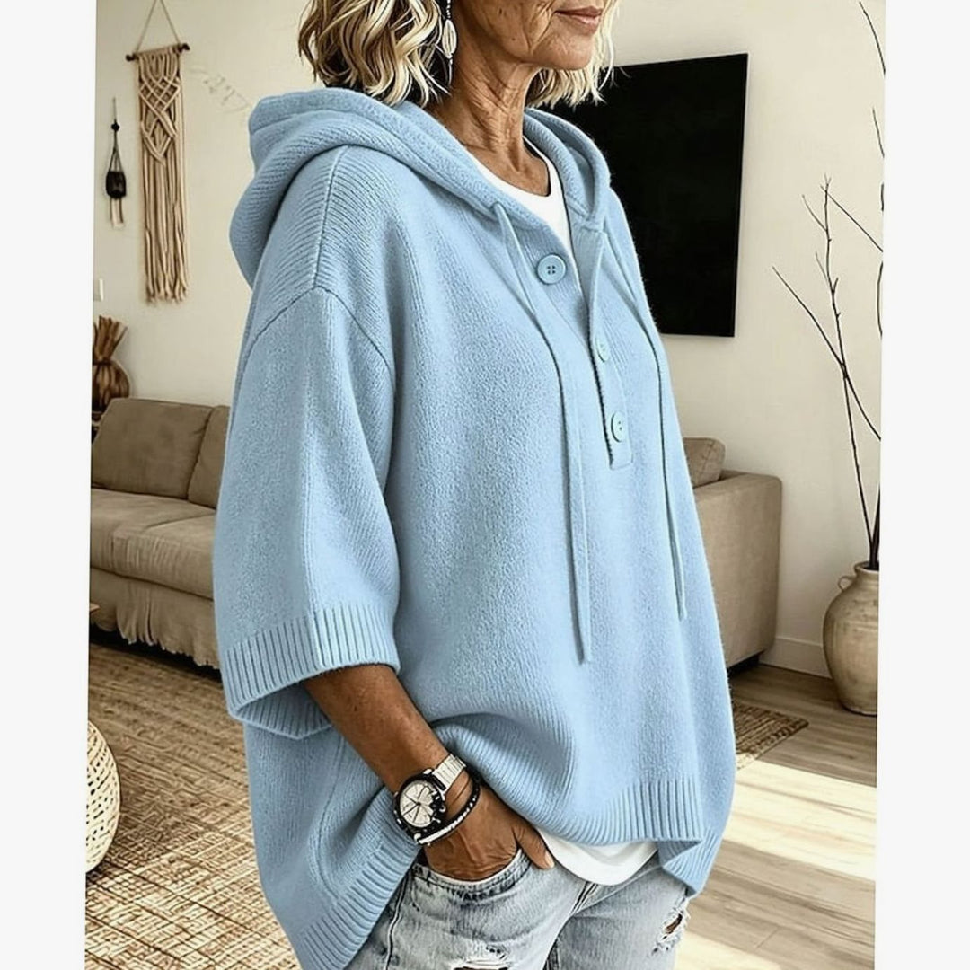 Women's Relaxed Hooded Knit Sweater Half-Button 3/4 Sleeve