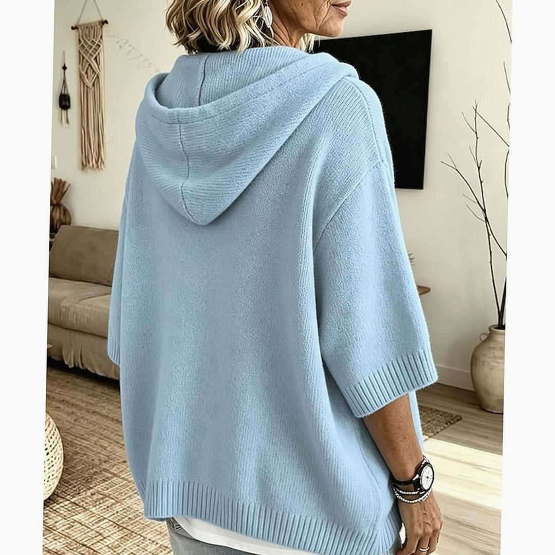 Women's Relaxed Hooded Knit Sweater Half-Button 3/4 Sleeve