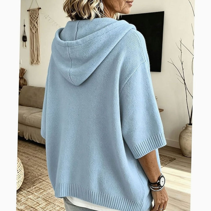 Women's Relaxed Hooded Knit Sweater Half-Button 3/4 Sleeve