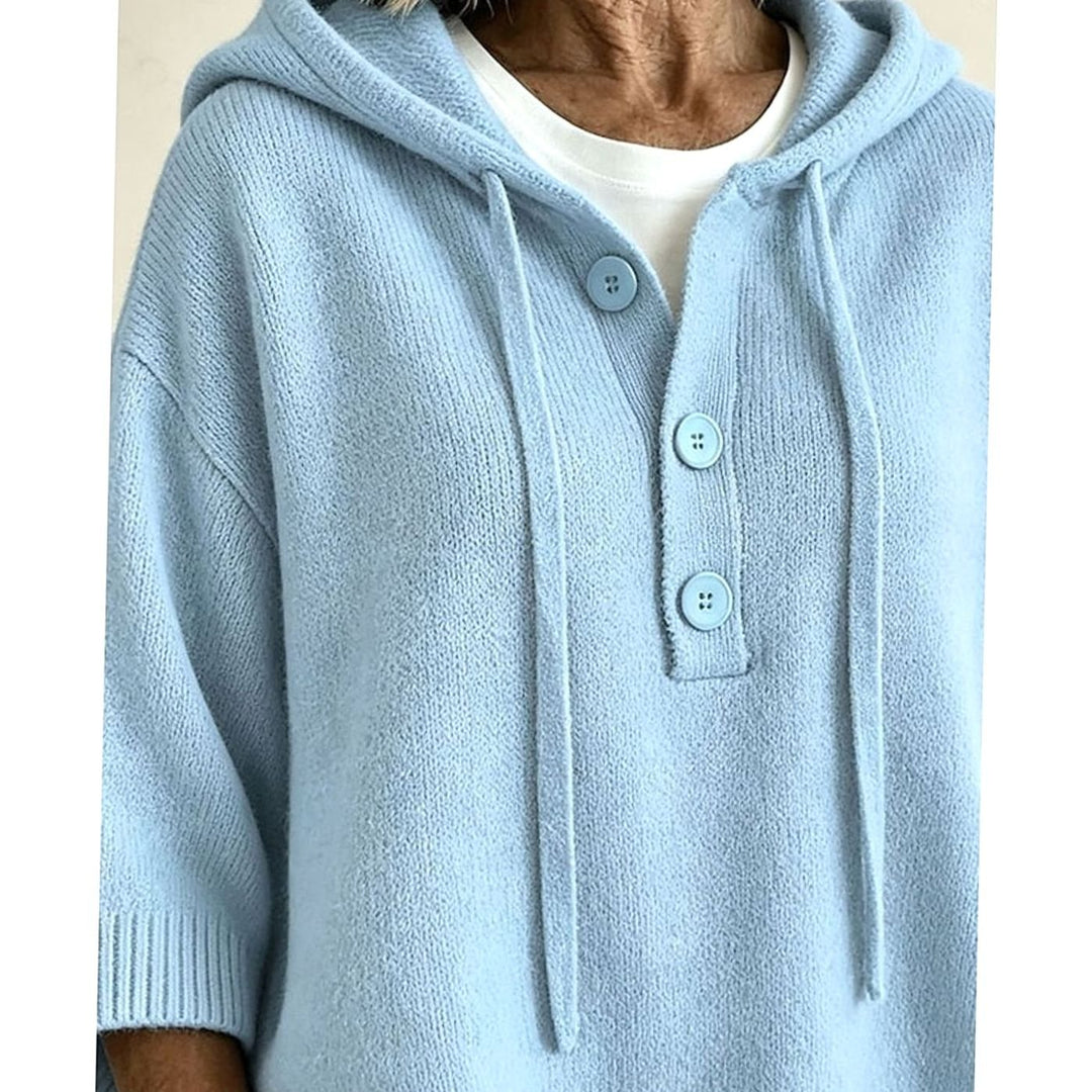 Women's Relaxed Hooded Knit Sweater Half-Button 3/4 Sleeve