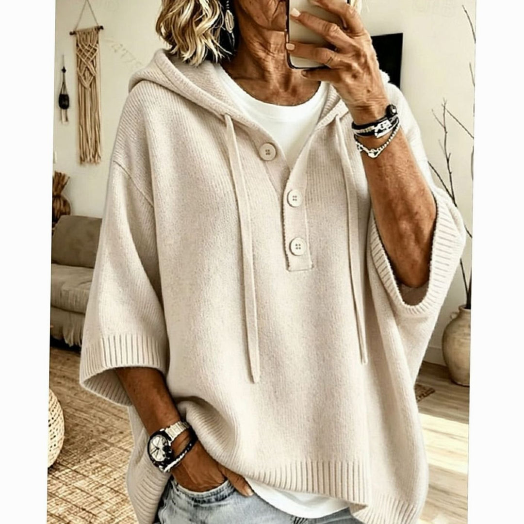 Women's Relaxed Hooded Knit Sweater Half-Button 3/4 Sleeve - Off White