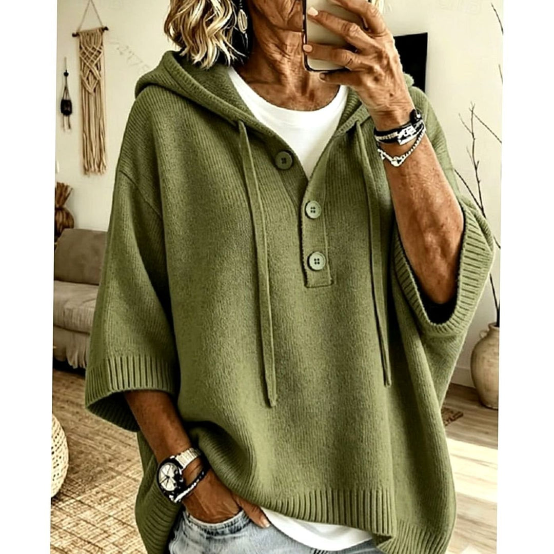 Women's Relaxed Hooded Knit Sweater Half-Button 3/4 Sleeve - Military Green