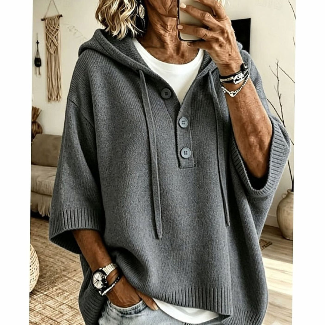 Women's Relaxed Hooded Knit Sweater Half-Button 3/4 Sleeve - Grey
