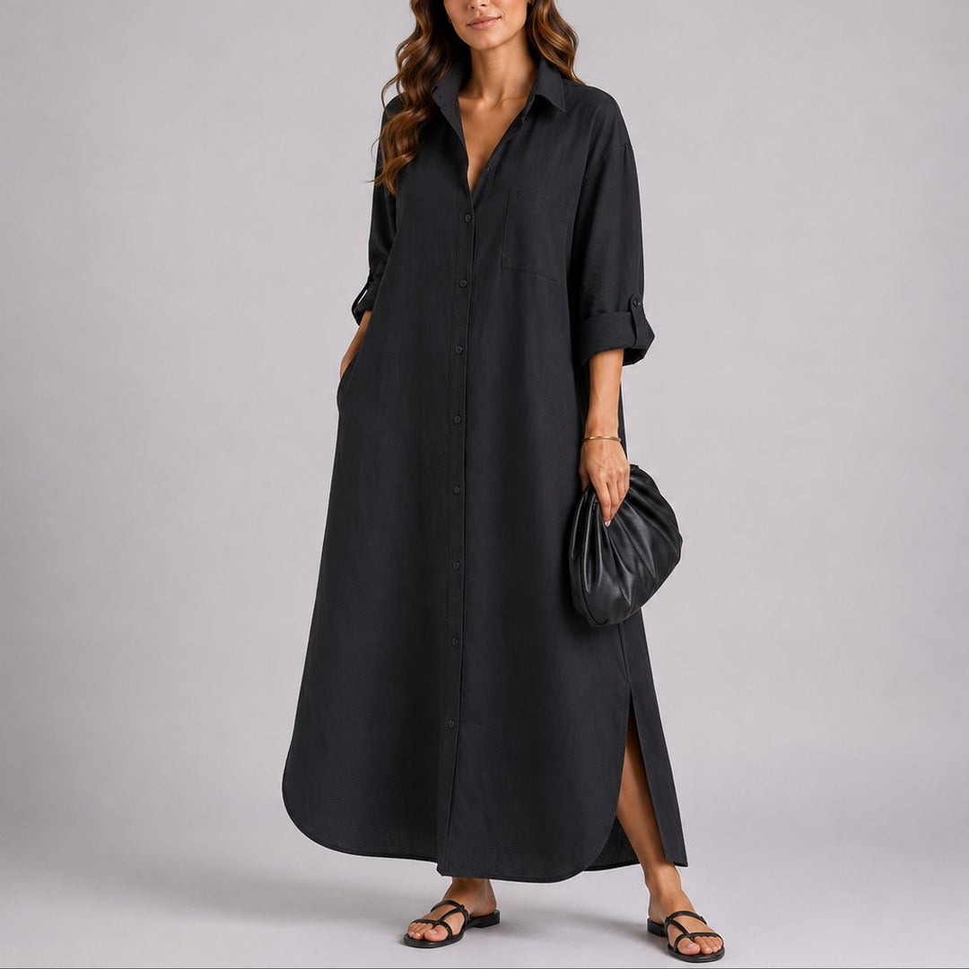 Women's Relaxed Linen Button-Front Maxi Fall Wedding Guest Dress - Black