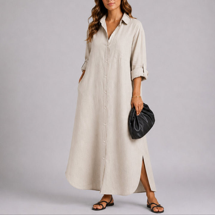 Women's Relaxed Linen Button-Front Maxi Fall Wedding Guest Dress - Beige
