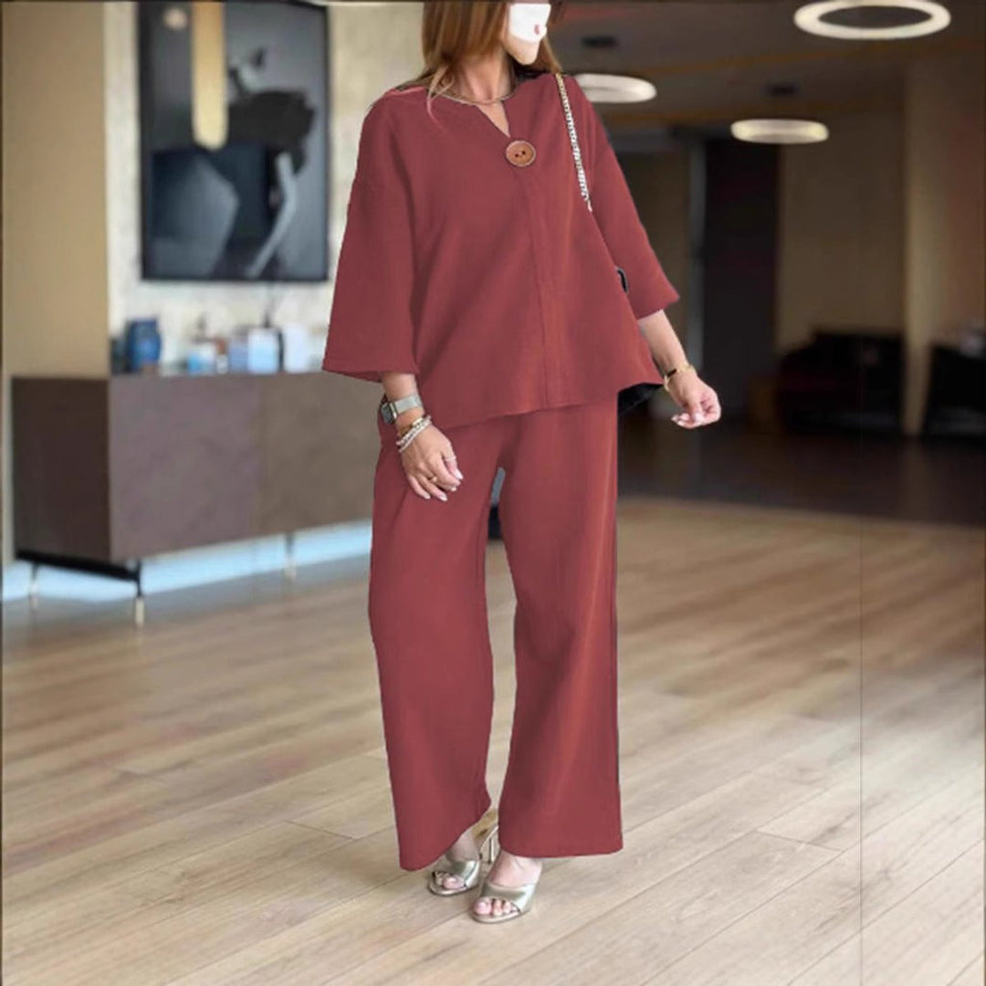 Women's Relaxed Linen Tunic Wide-Leg Palazzo Pants Set - Burgundy