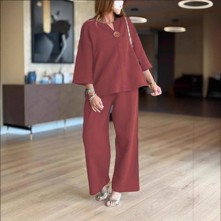 Women's Relaxed Linen Tunic Wide-Leg Palazzo Pants Set - Burgundy