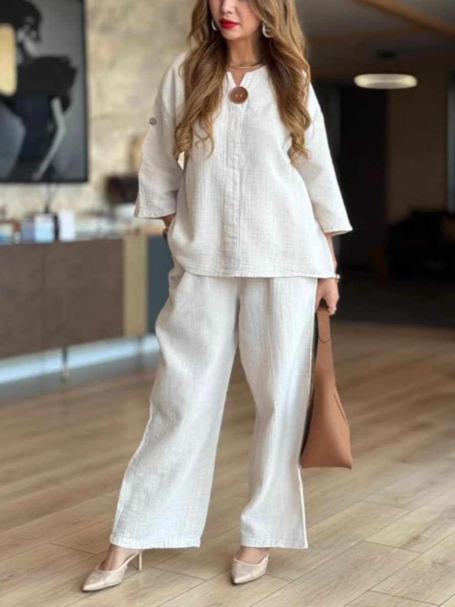 Women's Relaxed Linen Tunic Wide-Leg Palazzo Pants Set - White