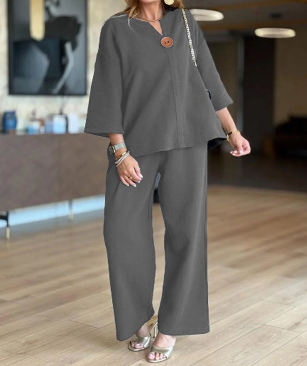 Women's Relaxed Linen Tunic Wide-Leg Palazzo Pants Set - Gray