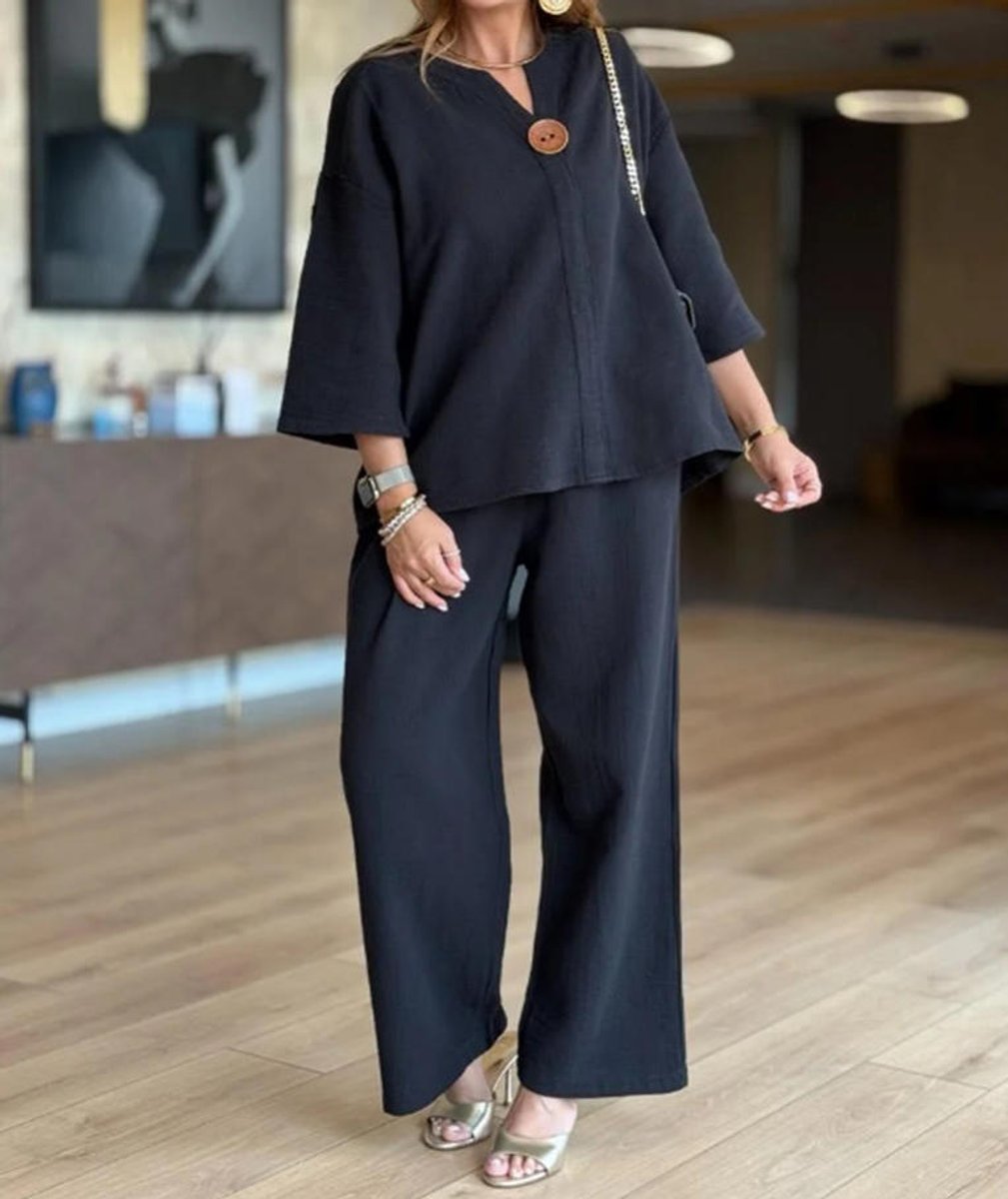 Women's Relaxed Linen Tunic Wide-Leg Palazzo Pants Set - Black