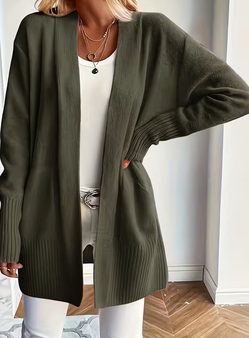 Women's Relaxed Open-Front Knit Cardigan - Olive Green