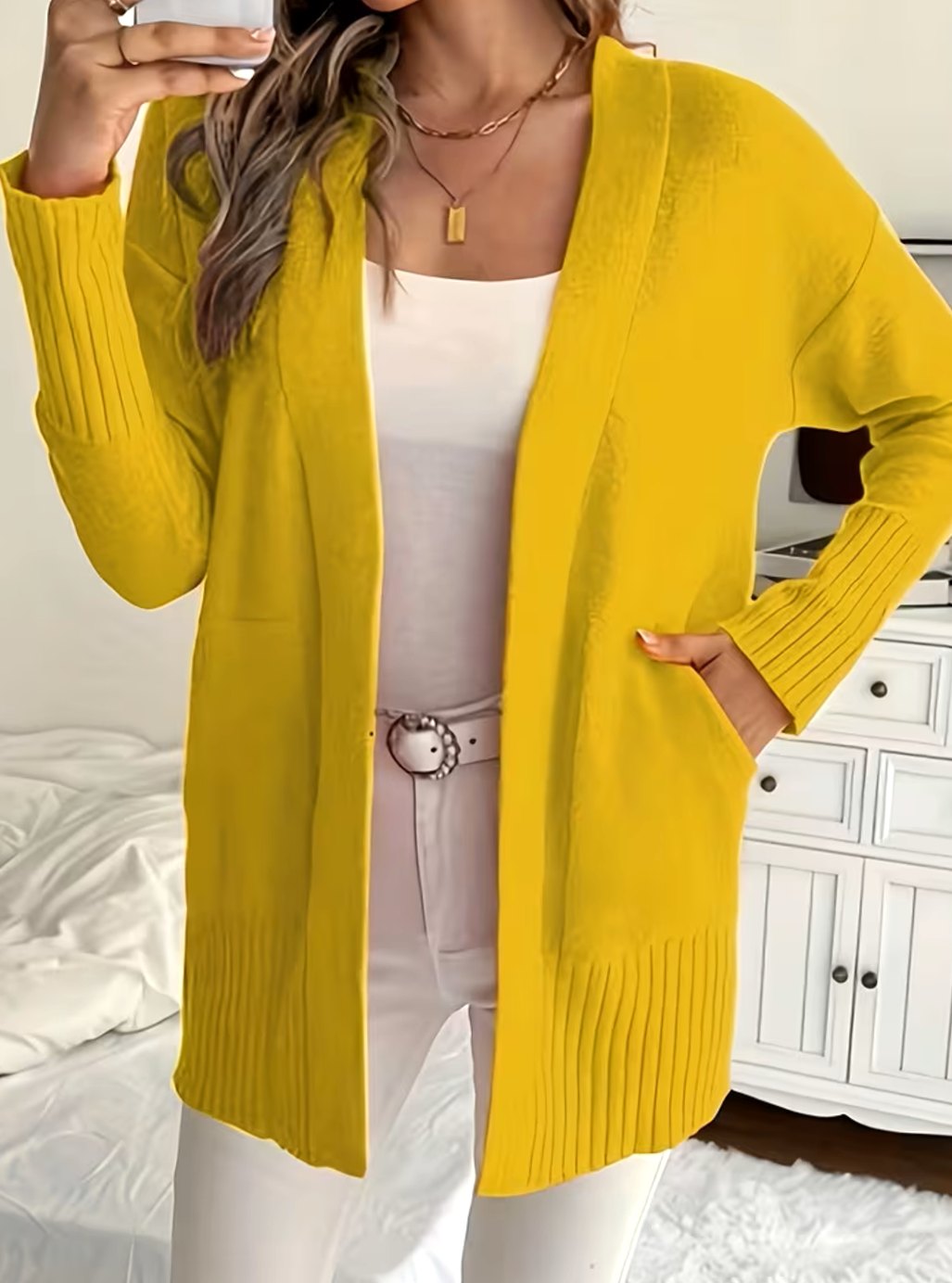 Women's Relaxed Open-Front Knit Cardigan - Yellow