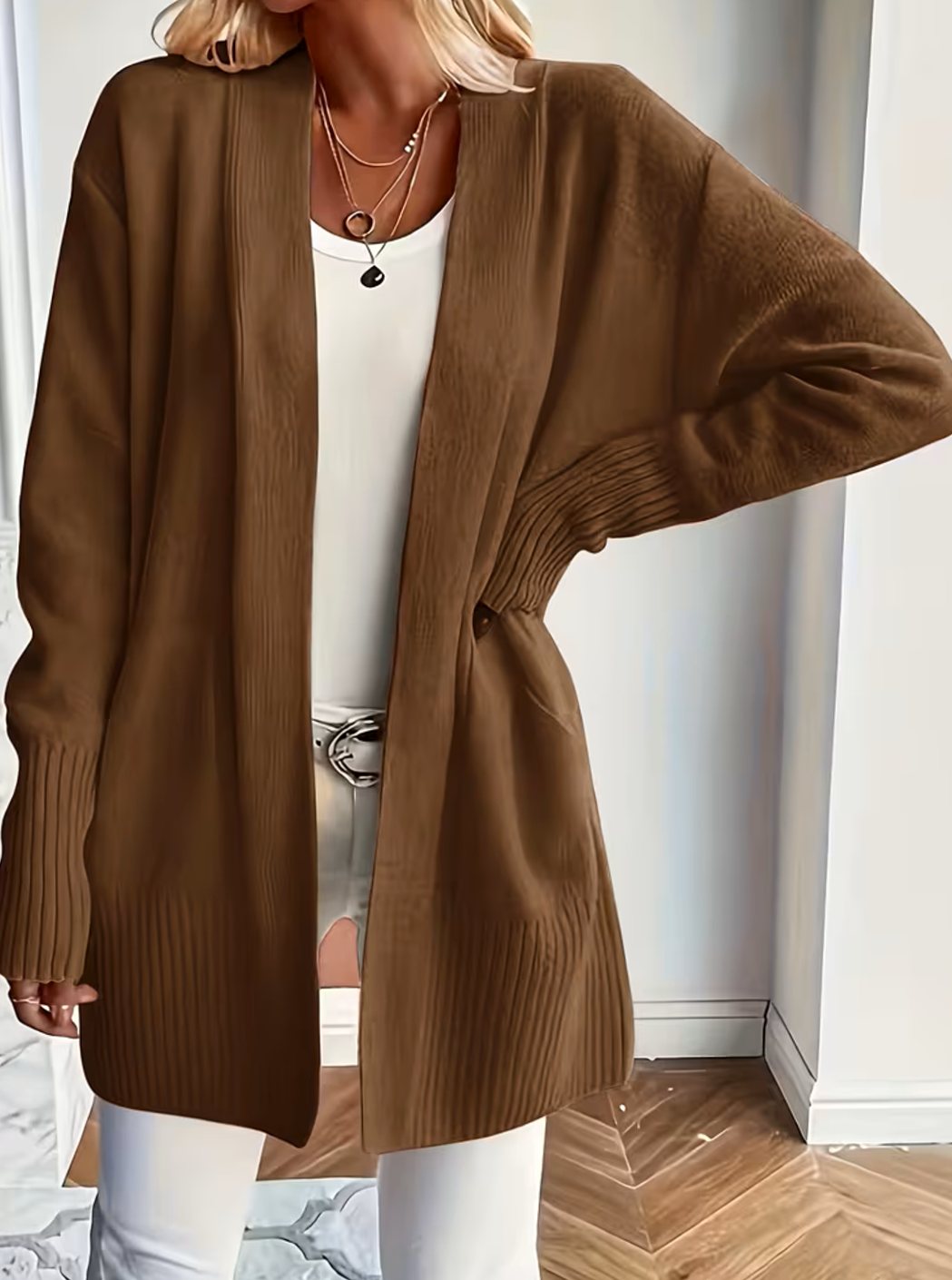 Women's Relaxed Open-Front Knit Cardigan - Coffee Brown
