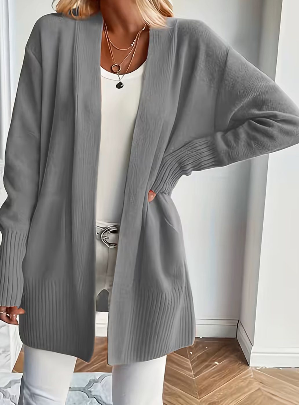 Women's Relaxed Open-Front Knit Cardigan - Grey