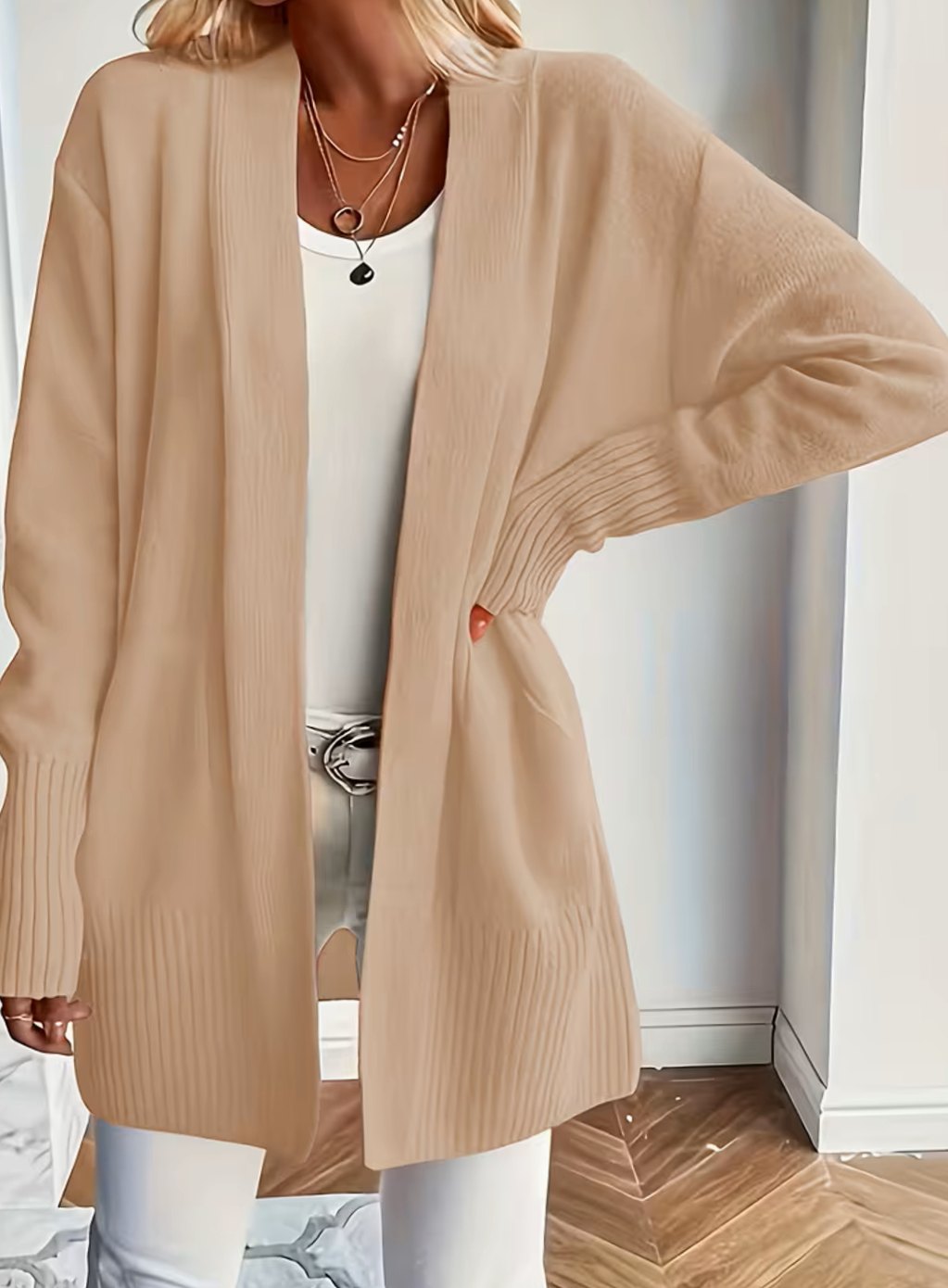 Women's Relaxed Open-Front Knit Cardigan - Khaki