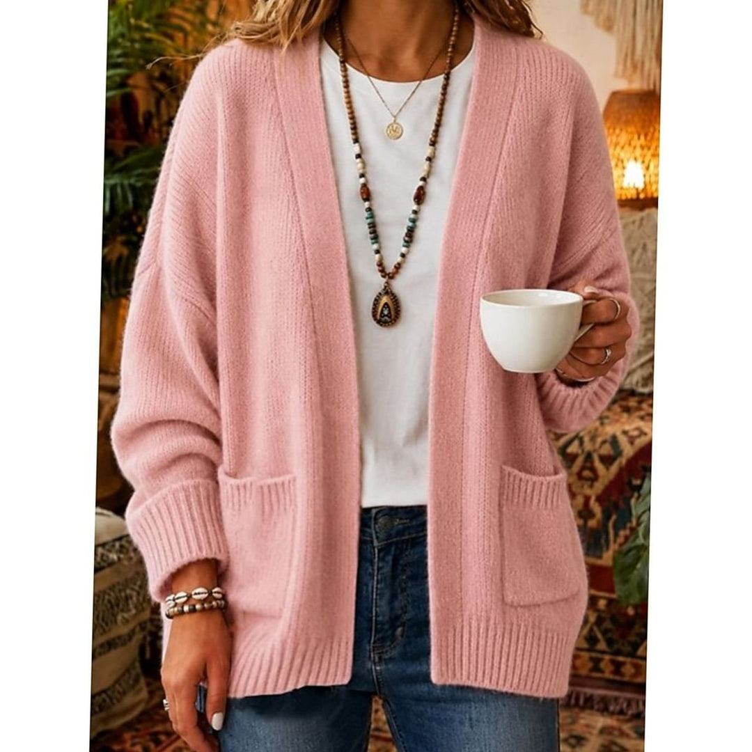 Women's Relaxed Open-Front Knit Cardigan with Pockets - Pink