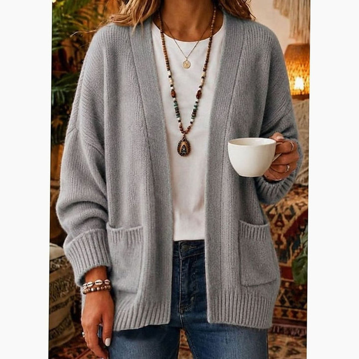 Women's Relaxed Open-Front Knit Cardigan with Pockets - Gray
