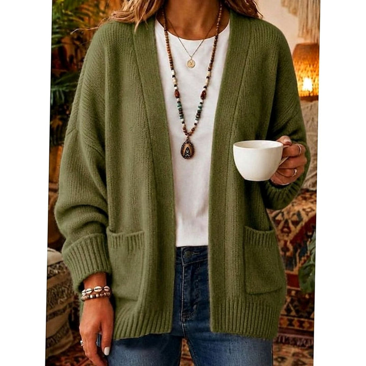 Women's Relaxed Open-Front Knit Cardigan with Pockets - Green