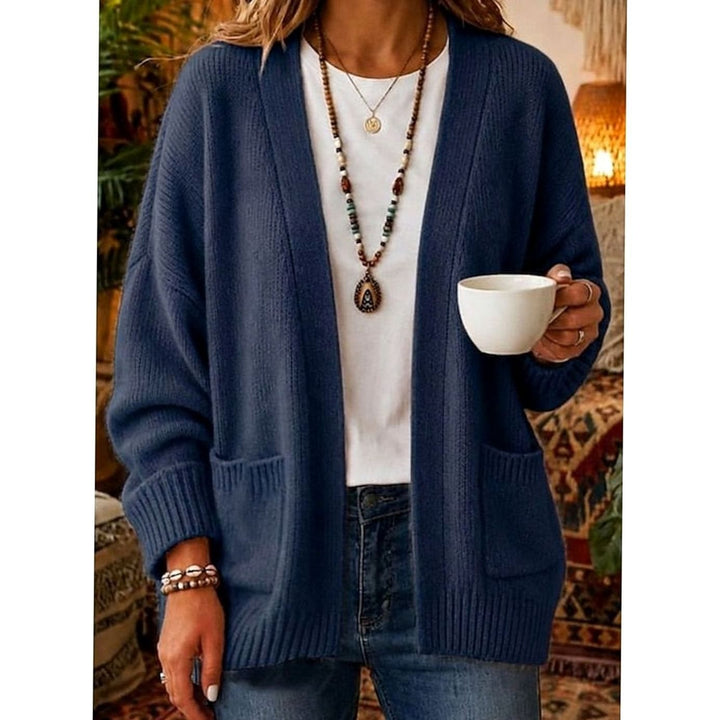 Women's Relaxed Open-Front Knit Cardigan with Pockets - Blue