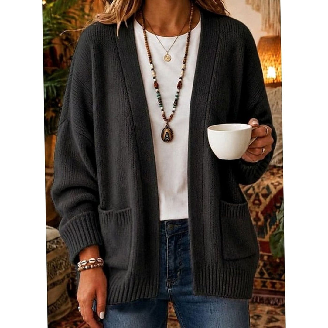 Women's Relaxed Open-Front Knit Cardigan with Pockets - Black