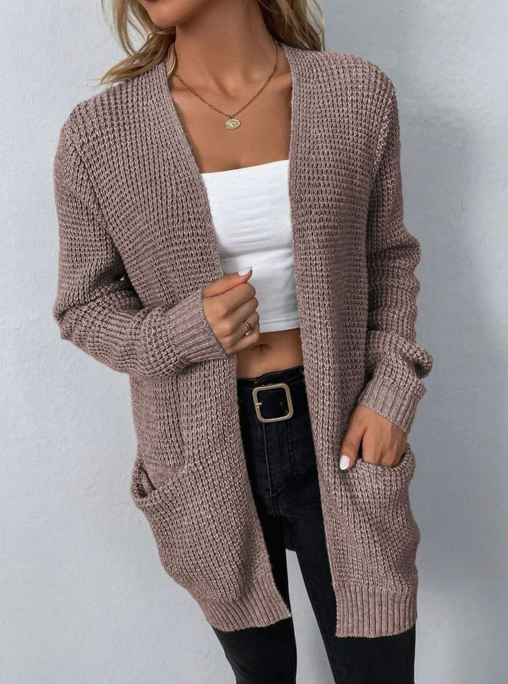 Women's Relaxed Open-Front Waffle-Knit Cardigan - Light Pink