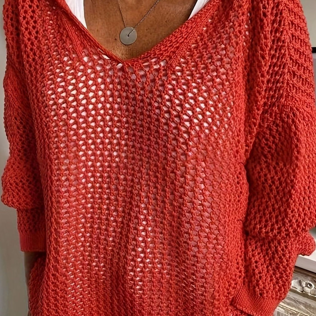 Women's Relaxed Open-Knit Hooded Sweater - Red