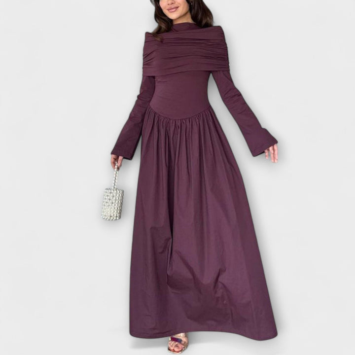 Women's Relaxed Pleated Long-Sleeve Flared Maxi Dress - Burgundy