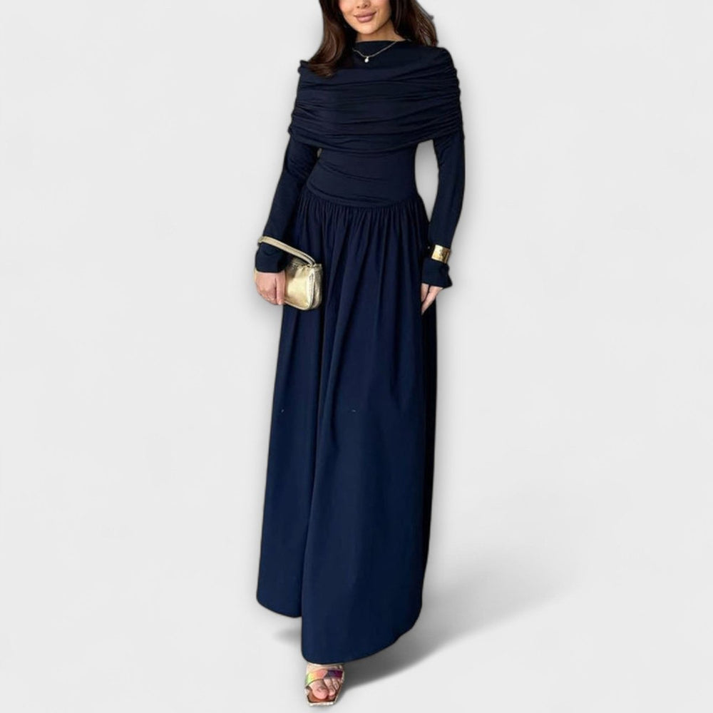 Women's Relaxed Pleated Long-Sleeve Flared Maxi Dress - Navy Blue
