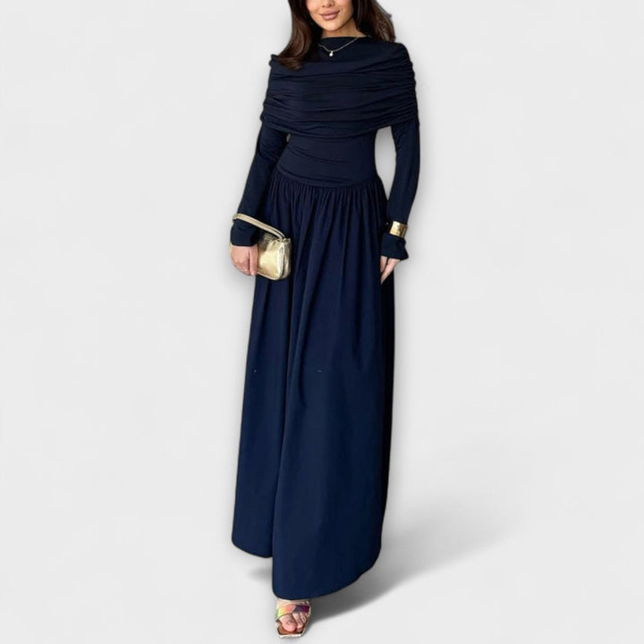 Women's Relaxed Pleated Long-Sleeve Flared Maxi Dress - Navy Blue