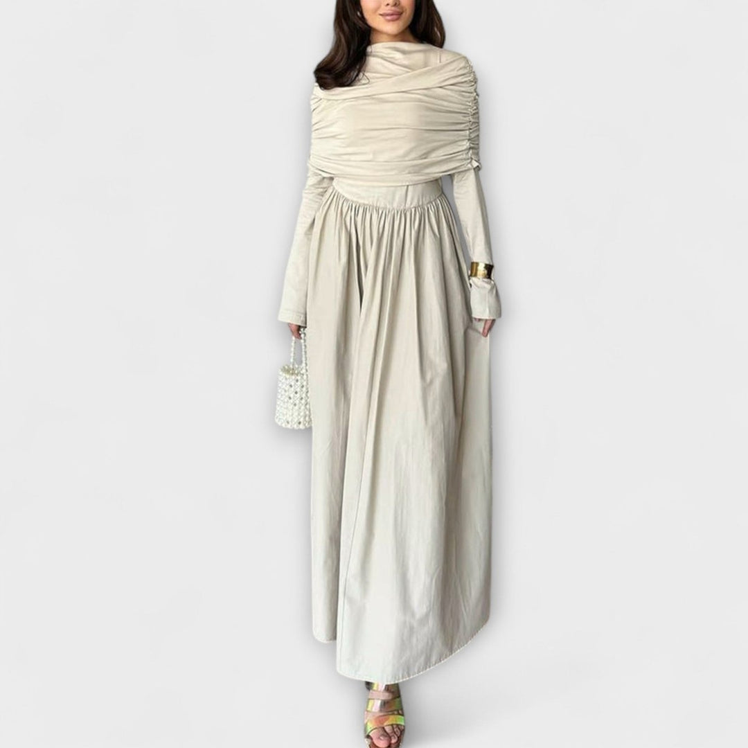 Women's Relaxed Pleated Long-Sleeve Flared Maxi Dress - White
