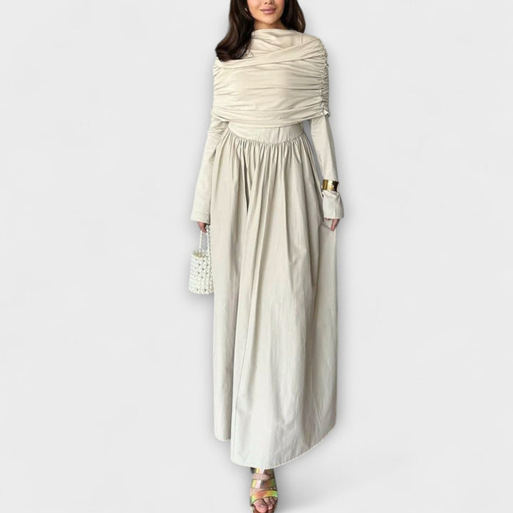 Women's Relaxed Pleated Long-Sleeve Flared Maxi Dress - White