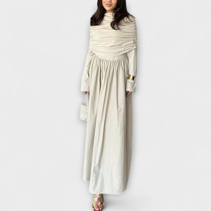 Women's Relaxed Pleated Long-Sleeve Flared Maxi Dress